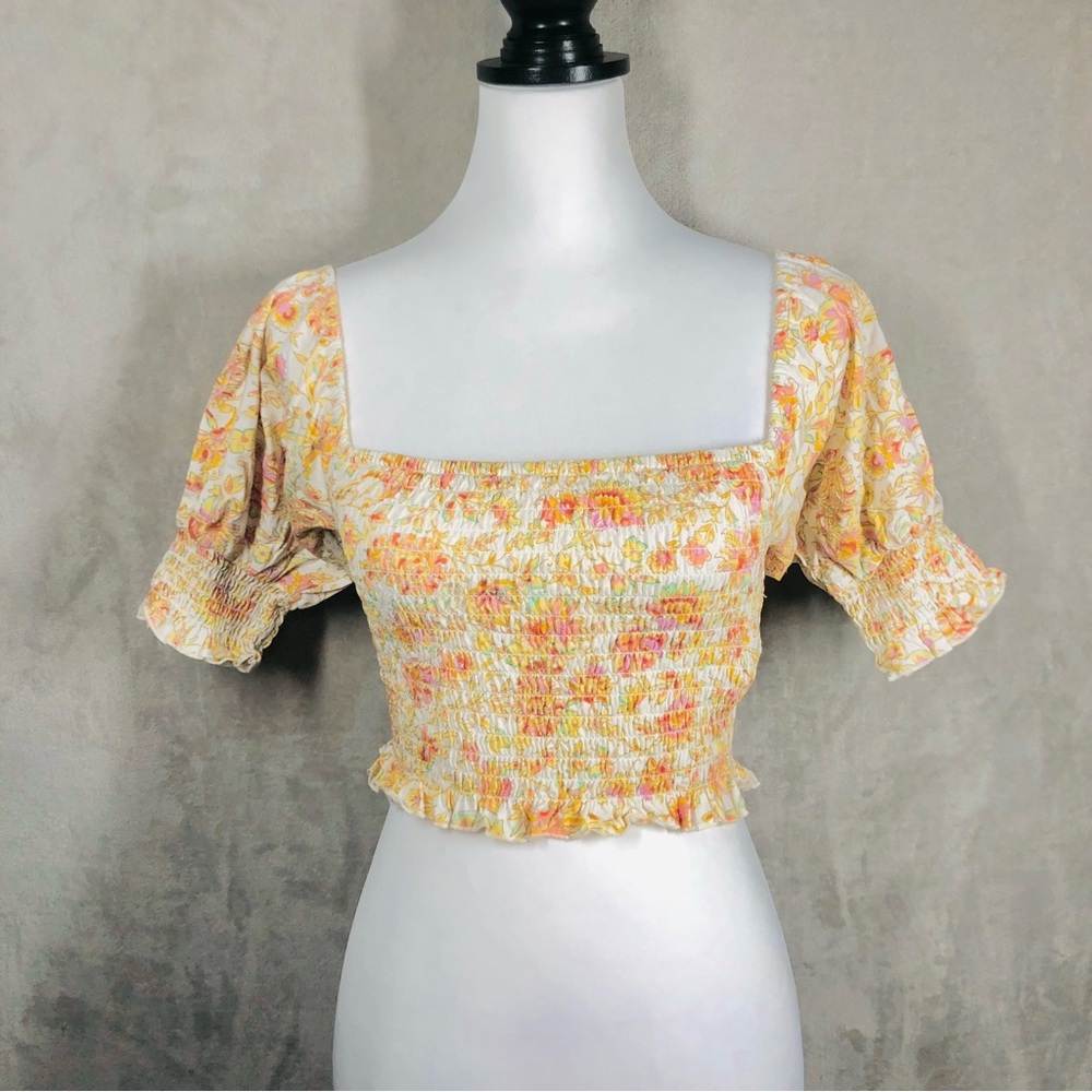 Billabong Puff Sleeve Crop Top Size S Floral Smocked  Beach Groovy Hippie Boho